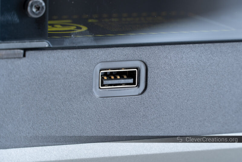 A close-up of a USB Type-A port on an electronics device