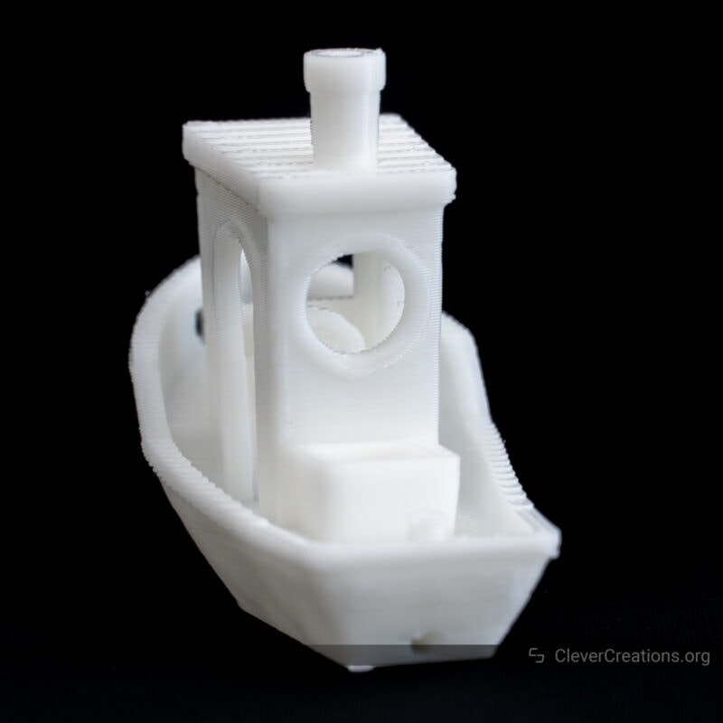 A Benchy 3D print in white hyper PLA
