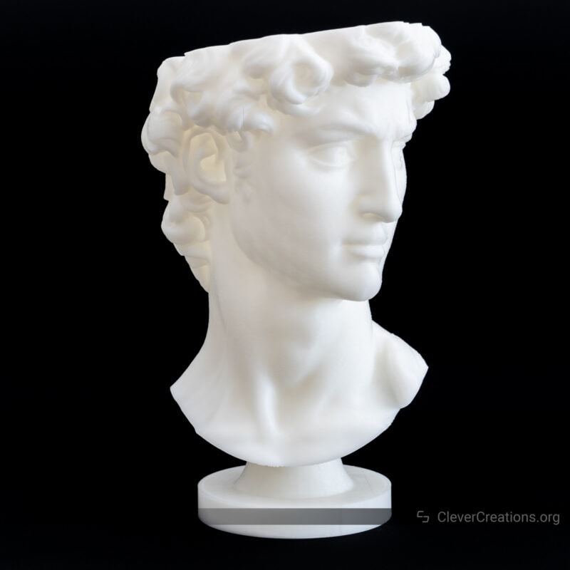 A 3D printed bust of David in white hyper PLA