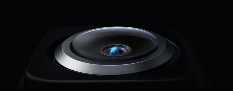 A close-up render of a camera lens