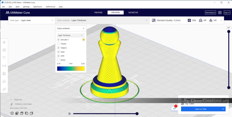 A screenshot of a chess pawn sliced in Cura with variable layer thickness enabled.