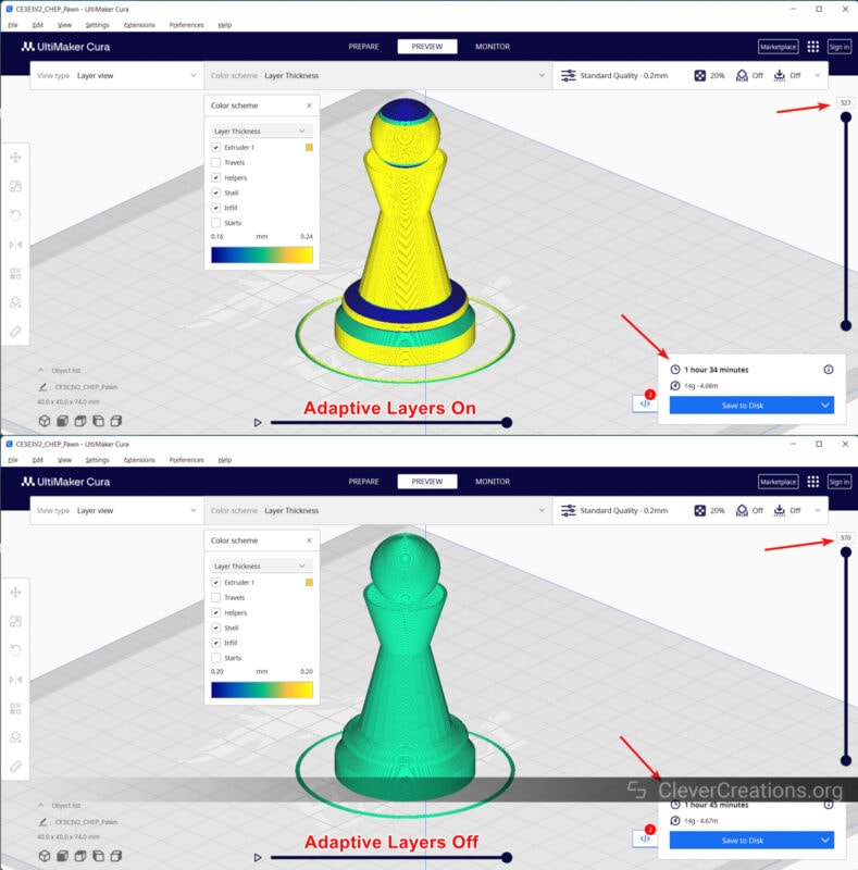 A screenshot of Cura with two 3D models sliced with different settings