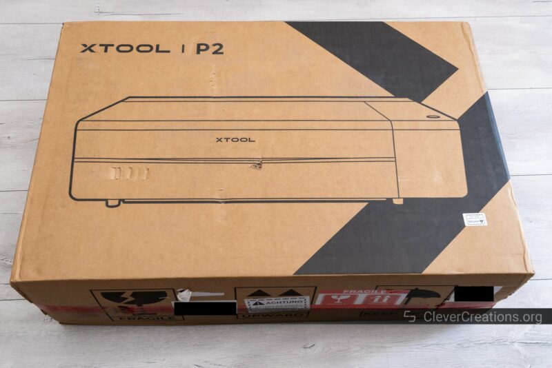 The unopened box of the xTool P2 laser engraver and cutter