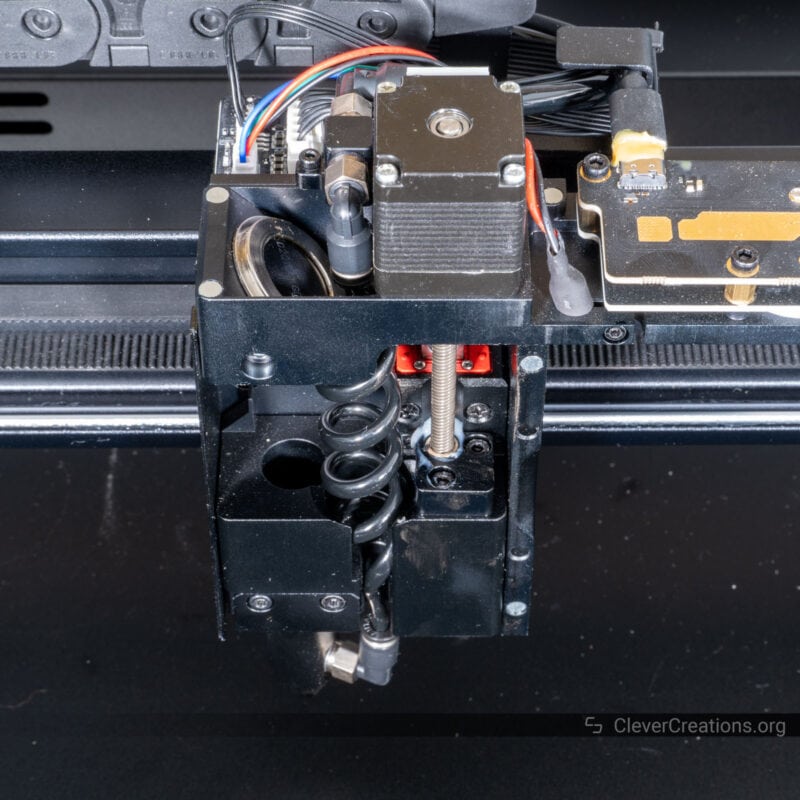 The Z-axis stepper motor and leadscrew on the P2 laser cutter that allow the machine to auto focus