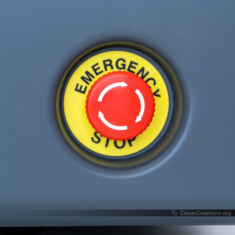 A close-up of a red emergency stop button