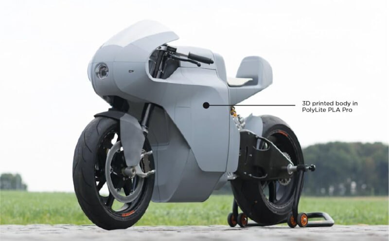 A motorcycle with 3D printed in a special type of PLA.