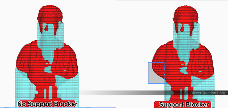 Screenshot of two 3D models sliced in Cura. One with support blocker and one without.