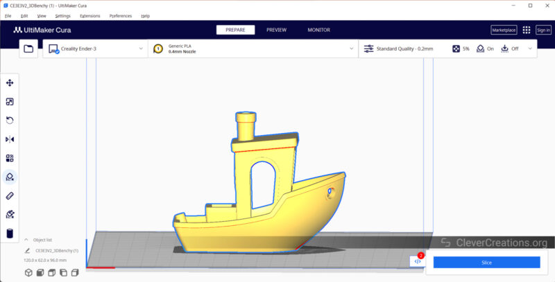 Screenshot of 3D slicer software with an imported Benchy model.