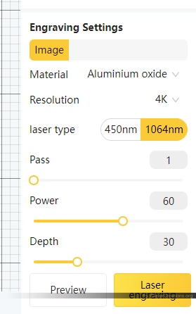 Screenshot of the LaserPecker Design Space settings for engraving.