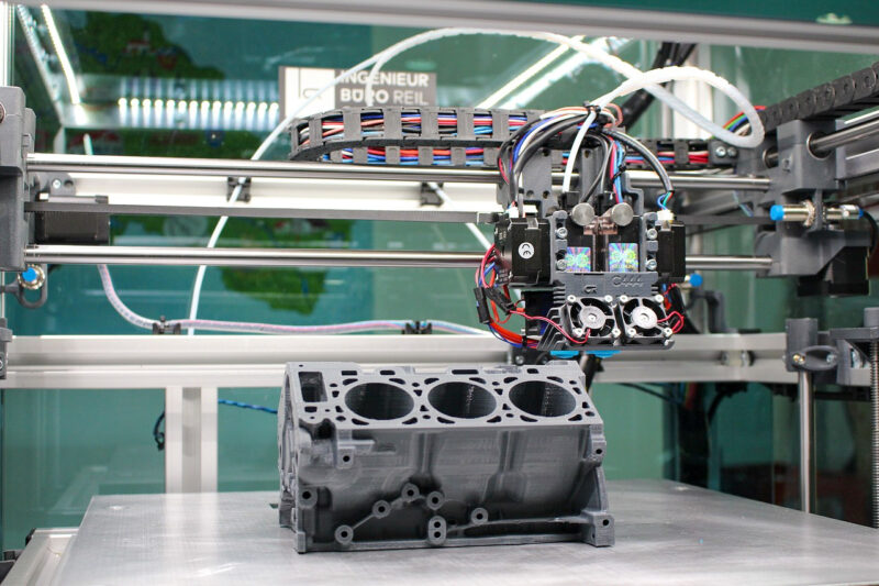 A large industrial dual extruder 3D printer that is creating an engine block prototype.