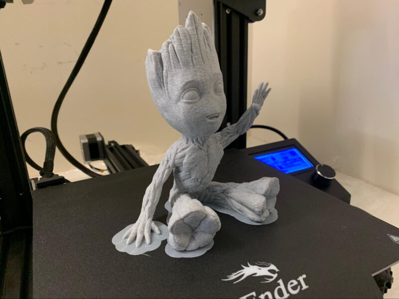 A Groot 3D print that shows an example of results with a good PLA print temp.