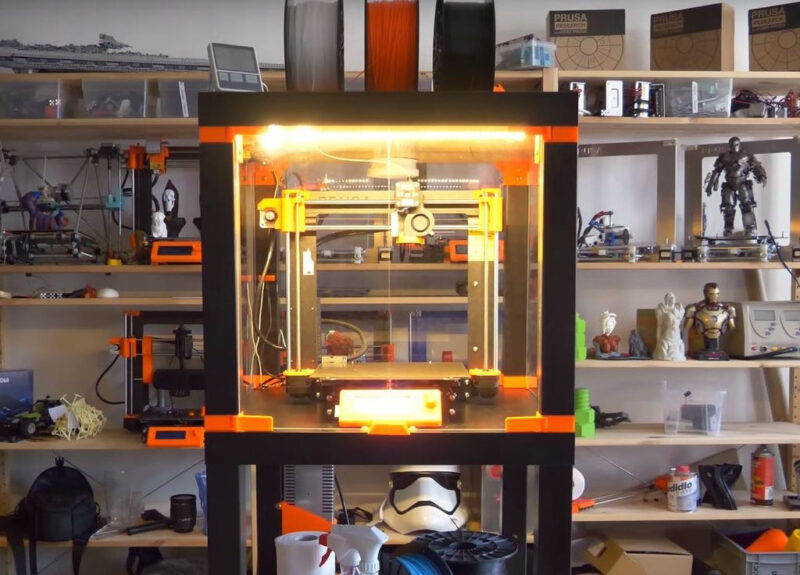 A Prusa 3D printer with enclosure that can be used to optimize PLA printing temperature.