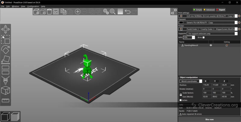 Screenshot of a Mew 3D model loaded in a Prusaslicer