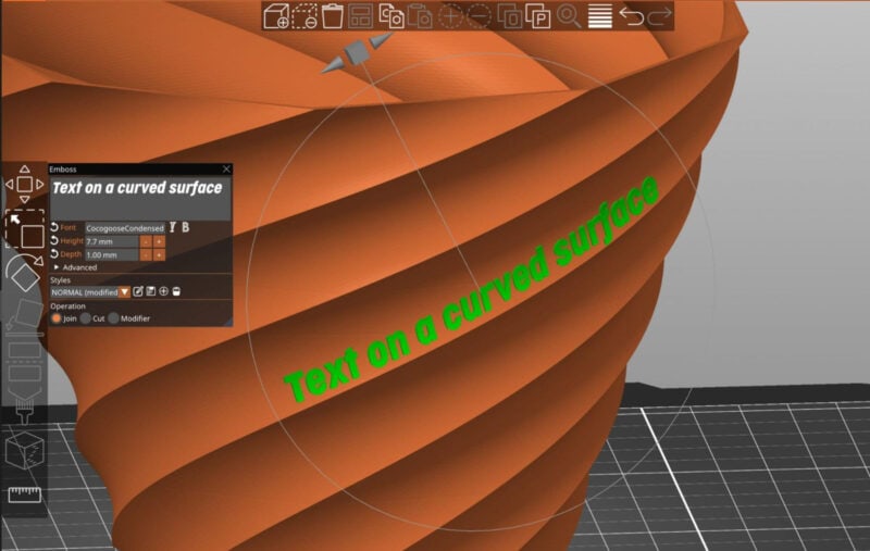 Screenshot of 3D print slicer text embossing