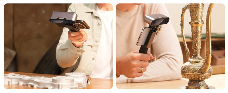 A compilation of two images with a person holding a 3D scanner to scan a car component and a golden ornament.