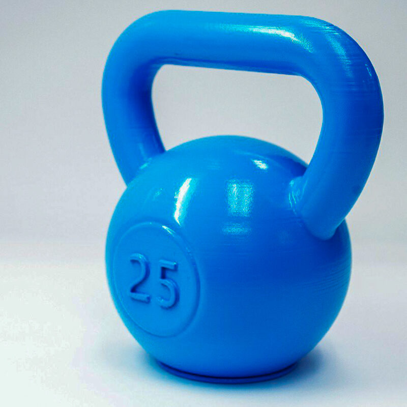 A blue 3D printed kettlebell that has been smoothed.