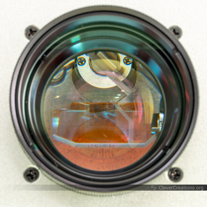 A close-up of the mirrors of a galvanometer laser system