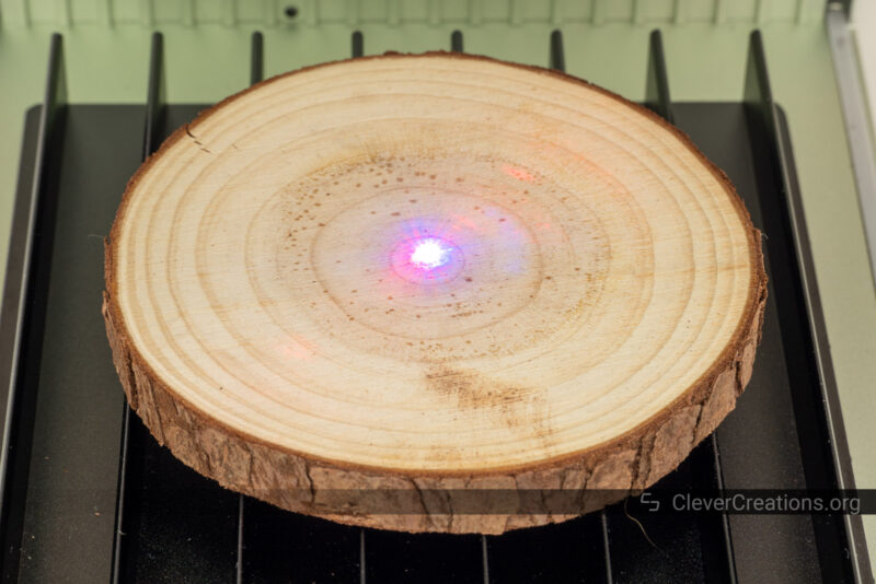 A round wooden coaster with a red and a blue laser dot overlapping.