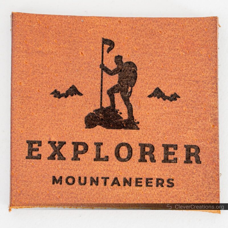 A leather patch with logo and 'EXPLORER mountaneers' text made with the xTool F1.