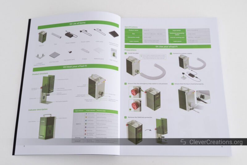 A product manual showing diagrams explaining how the xTool F1 laser engraver works.