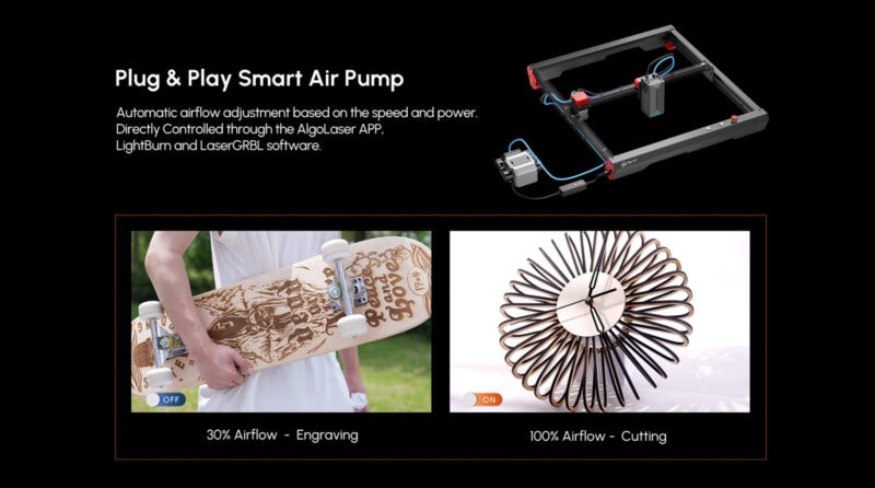 A demonstration of the smart air pump functionality of the Alpha 22W that varies airflow based on engraving or cutting.