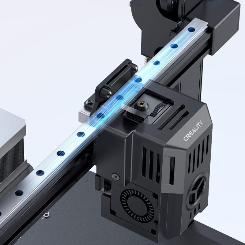 A render of a 3D printer with linear rail on the X-axis.
