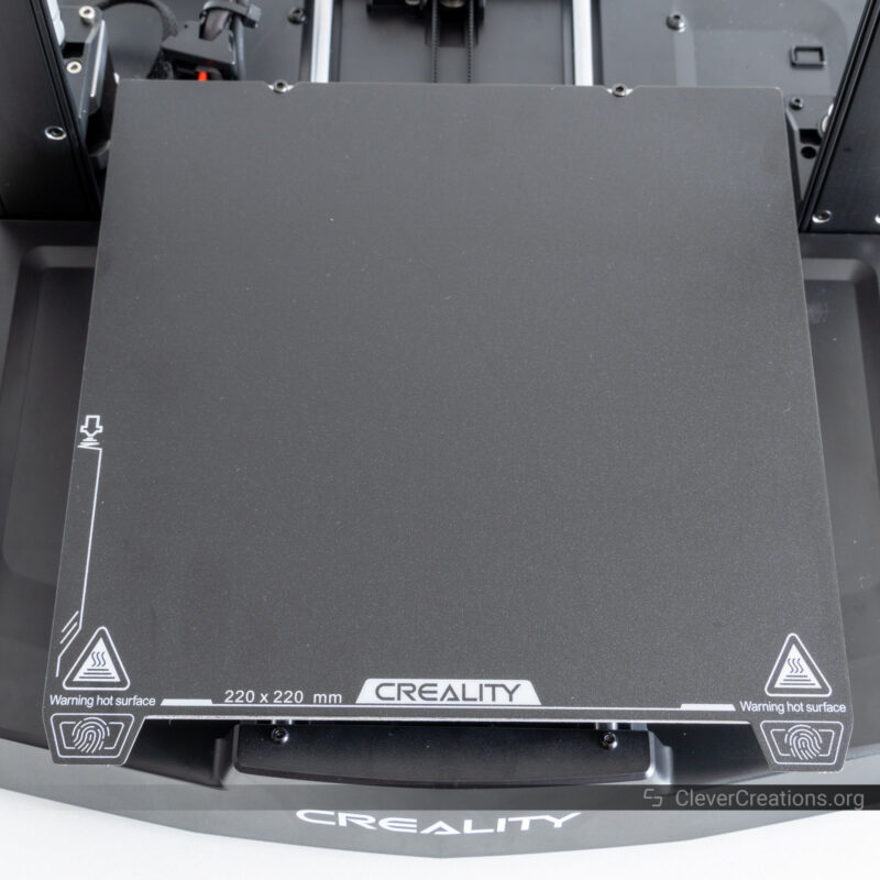 The print bed of the Creality Ender-3 V3 SE 3D printer.