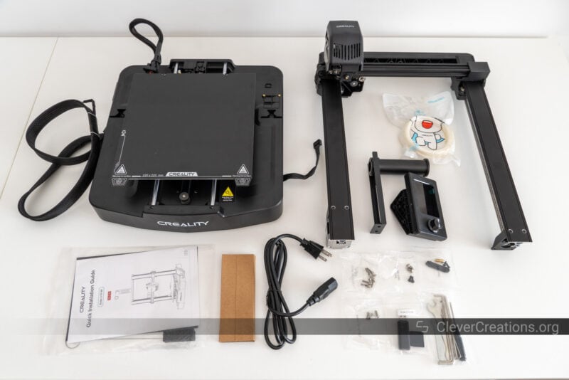 All components of the Ender-3 V3 SE laid out during the unboxing.
