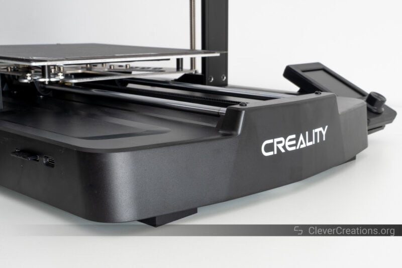 Close-up of the plastic base on one of the 3D printers in Creality's Ender-3 series.