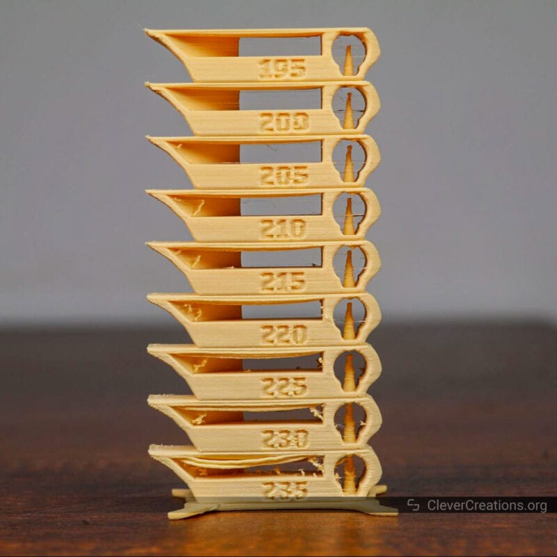 A 3D printed temperature tower ranging from 195 degrees to 235 degrees.
