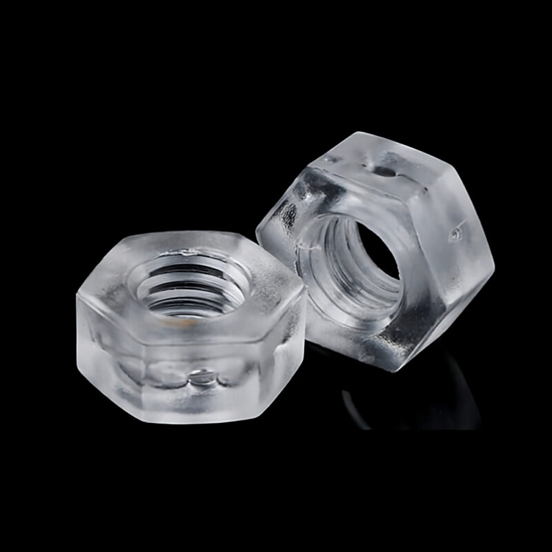 Two mechanical nuts made of transparent Polycarbonate