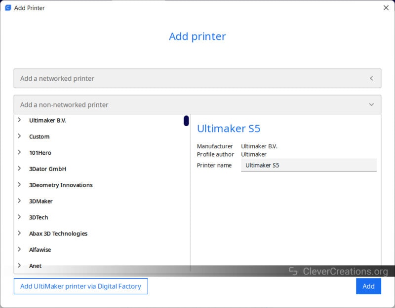The 'Add printer' window with all supported 3D printers in Ultimaker Cura software.