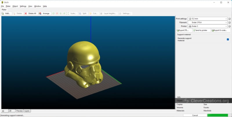 A screenshot of a large stormtrooper helmet STL model loaded in Slic3r software for processing.