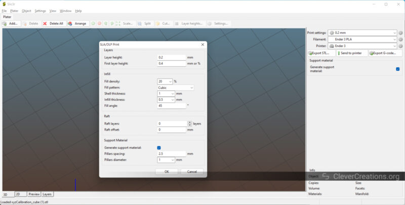 A screenshot of the SLA/DLP print settings in Slic3r.