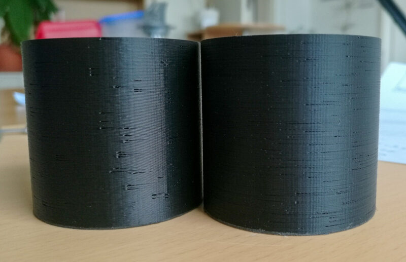 Two 3D prints with random Z-seam alignment that still have small gaps in the surface.