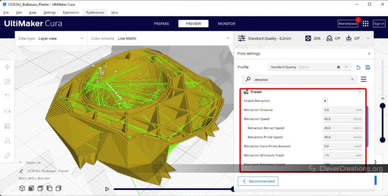 A screenshot of Cura with retraction parameters highlighted.