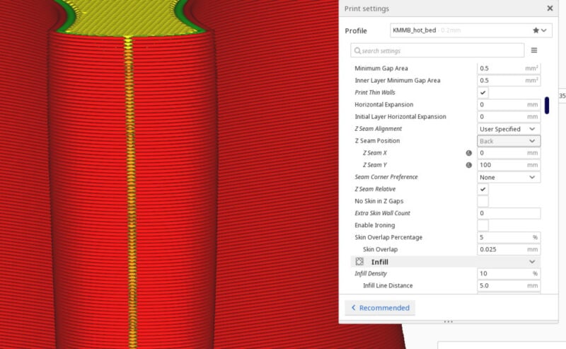 A screenshot of Cura slicer with Z-seam settings visible.