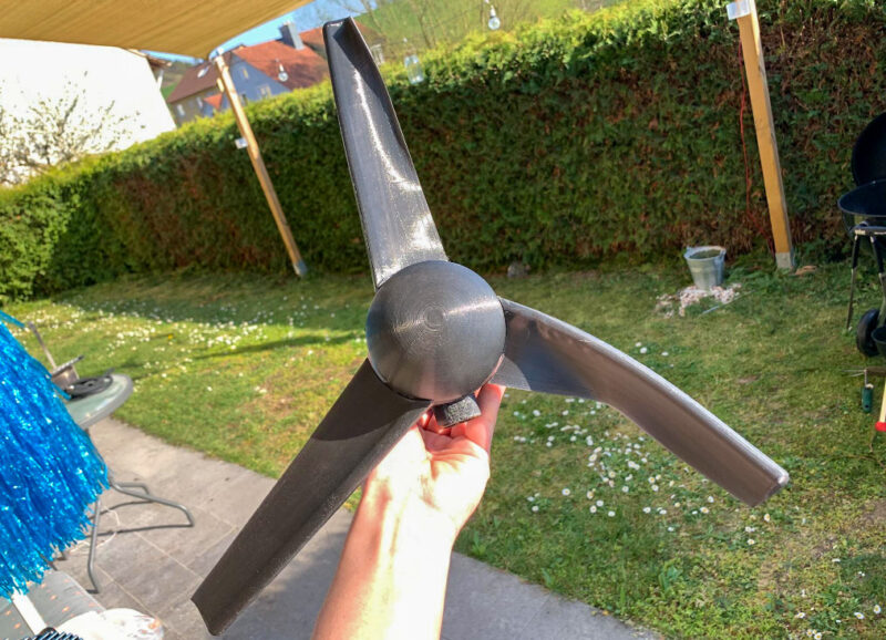 A deformed 3D printed ABS propeller caused by excess UV exposure.