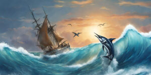 A visual representation of Klipper vs Marlin firmware with a painting of an ocean, fish, and a boat.
