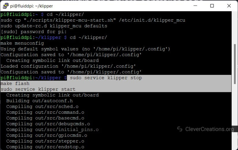 Screenshot of flashing the Linux microcontroller code for Klipper onto a Raspberry Pi.