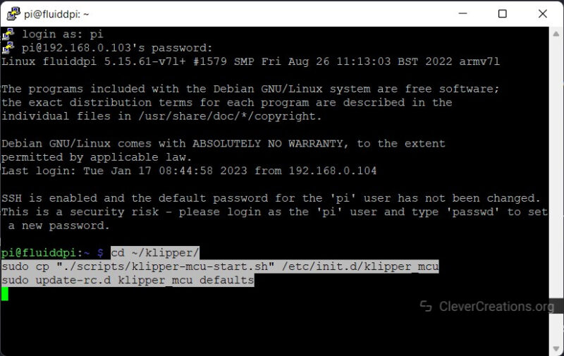 Screenshot of Fluiddpi Klipper firmware SSH config