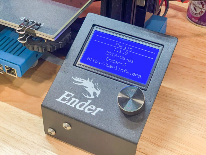 An Ender-3 LCD screen with Marlin firmware visible.