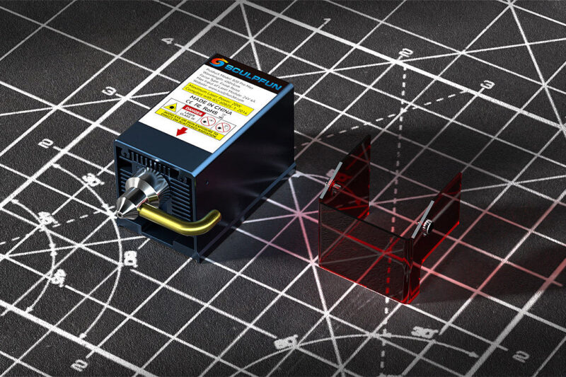 A Sculpfun laser module with protective cover and air assist nozzle.