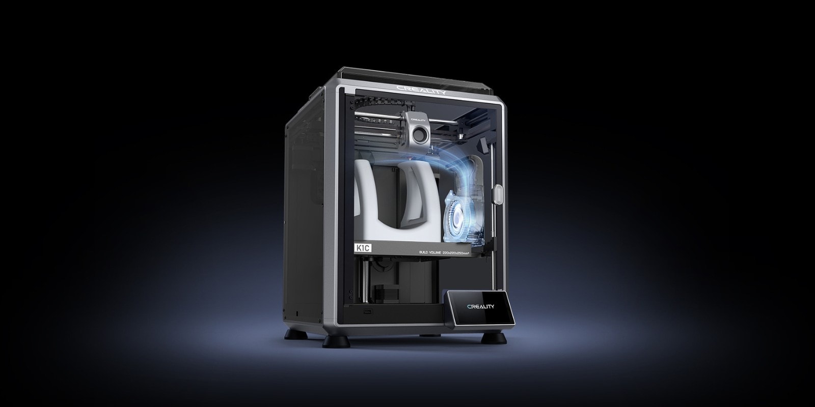 The Creality K1C fast 3D printer on a black background.