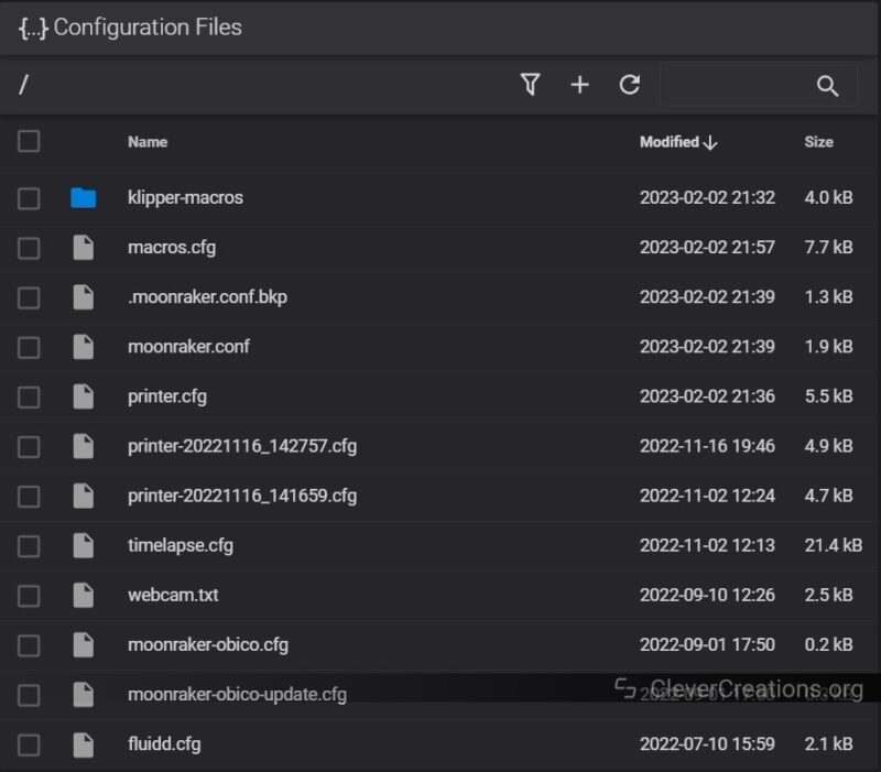 Screenshot of Klipper's configuration file folder.