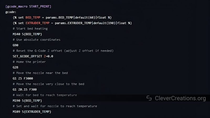 A screenshot of the default START_PRINT Klipper G-code macro.