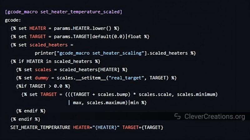 A screenshot of a set_heater_temperature_scaled G-code macro for Klipper.