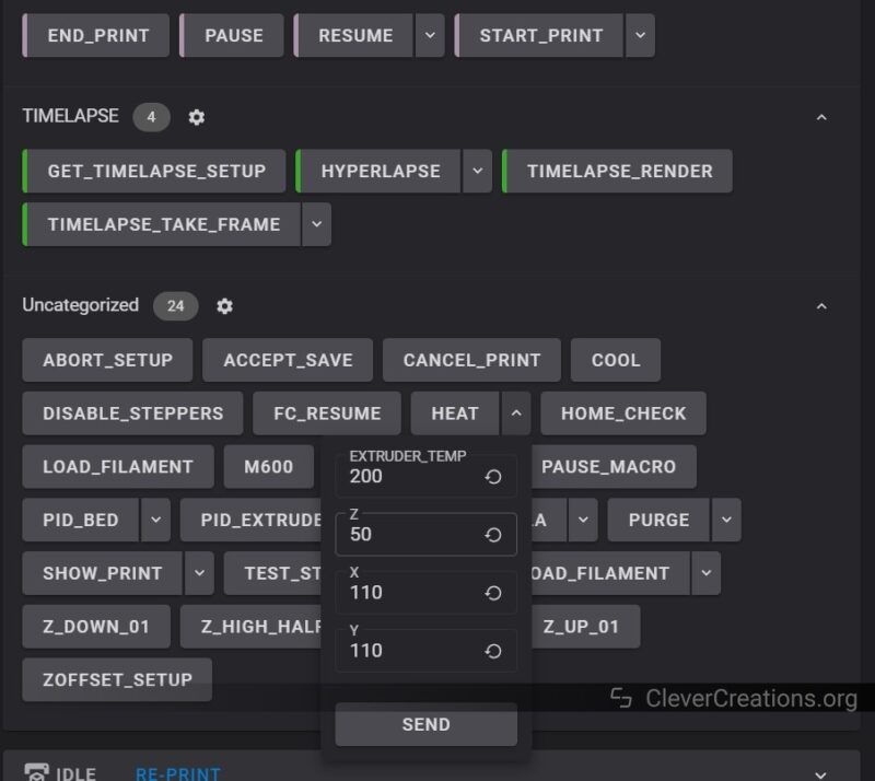 A screenshot of G-code macro buttons in Klipper firmware.