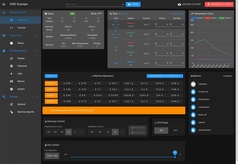 A screenshot of the Duet Web Control interface.