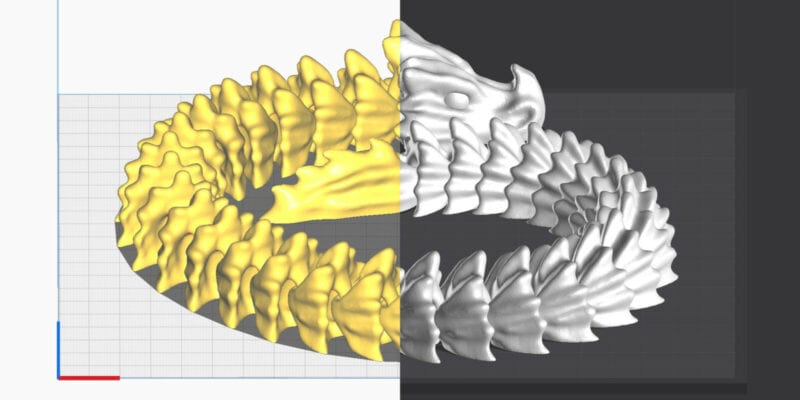A 3D model of a dragon in the model window of Cura vs Creality Slicer.